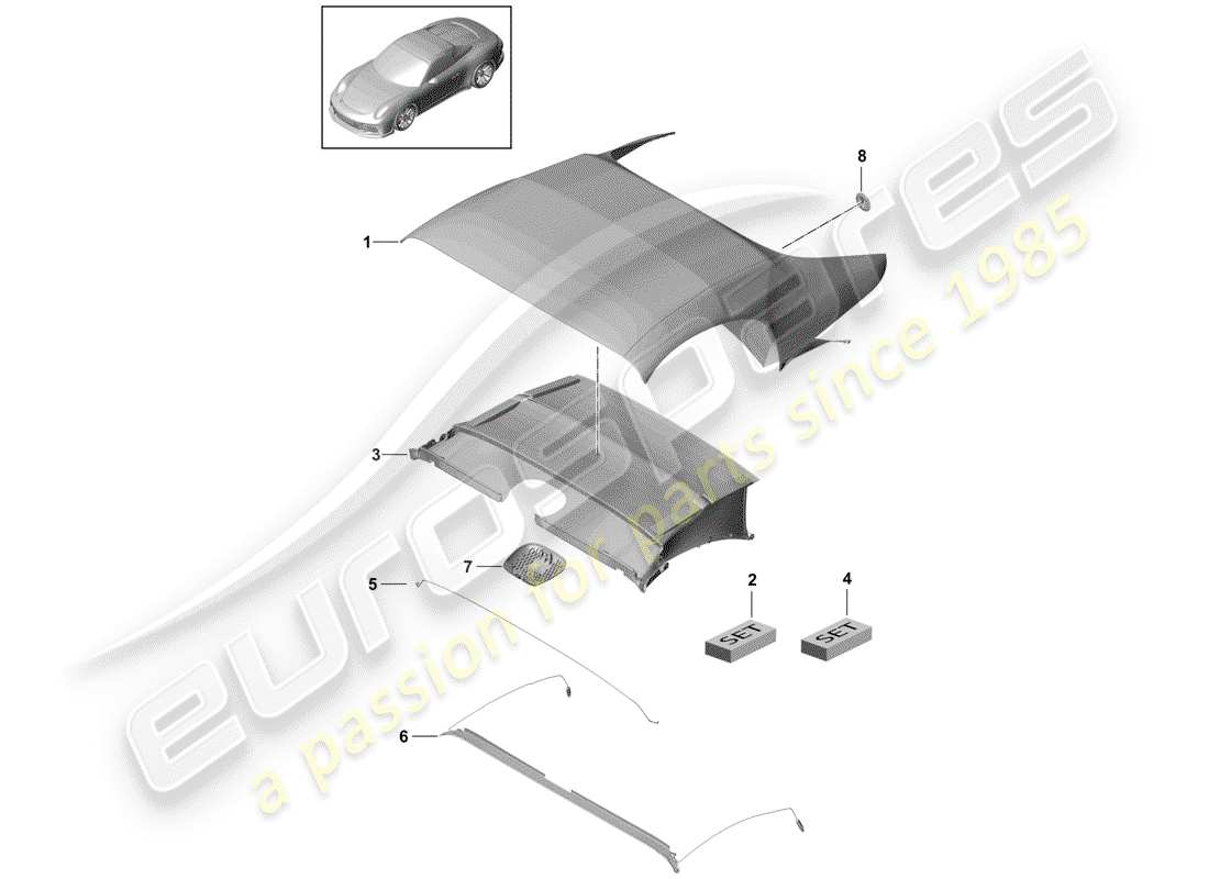 porsche 2014 (991-1 r/gt3/rs) convertible top covering stretch headliner part diagram