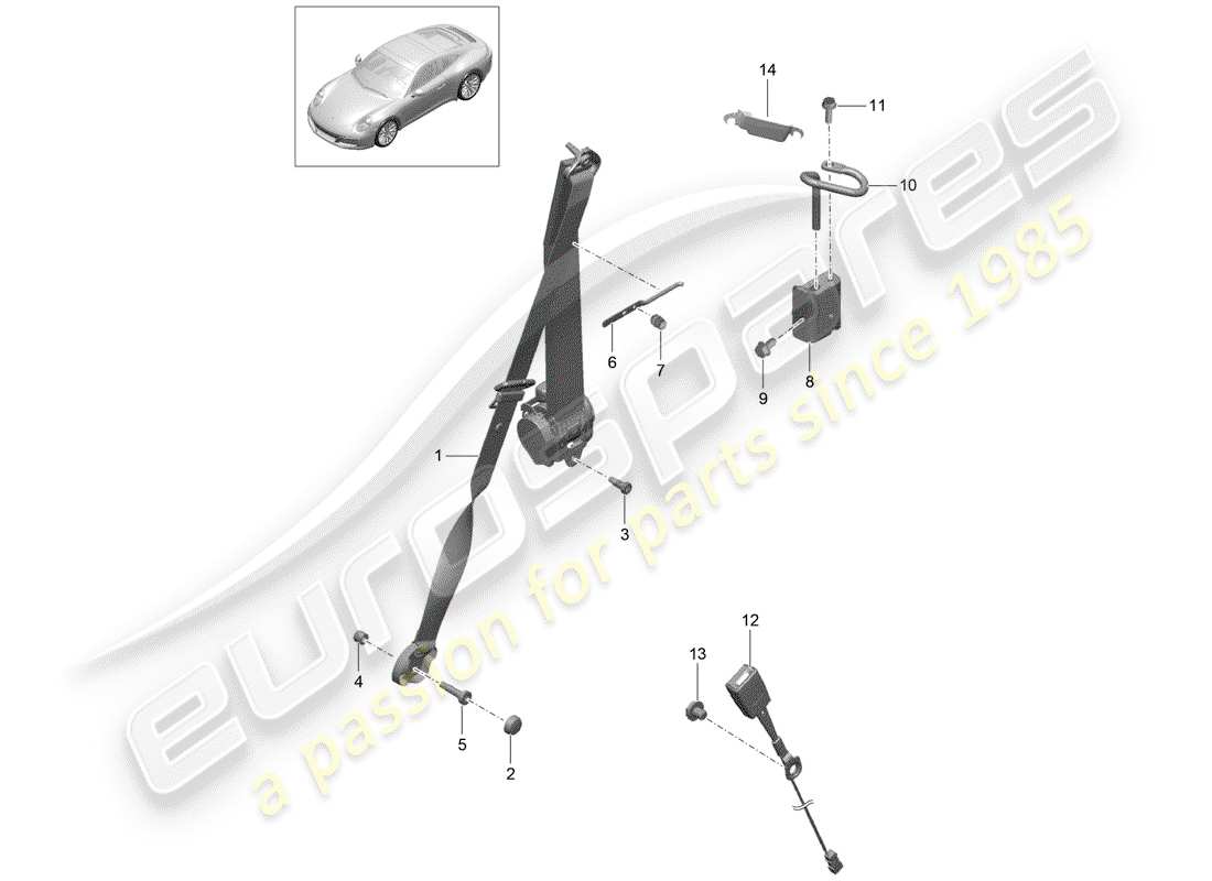porsche 991 gen. 2 (2017) three-point seat belt parts diagram