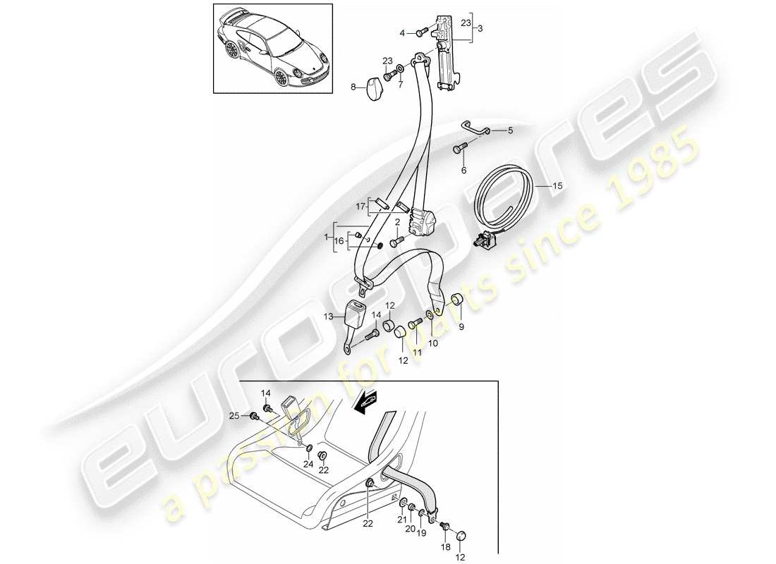 porsche 911 t/gt2rs (2011) seat belt parts diagram