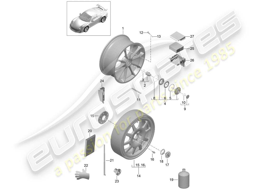 porsche 2014 (991-1 r/gt3/rs) alloy wheel central locking d >>- mj 2017 part diagram