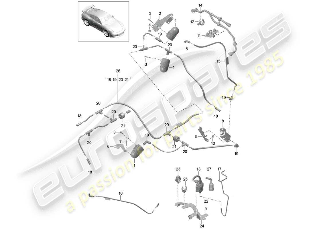 porsche 2014 (991-1 r/gt3/rs) vacuum system engine part diagram
