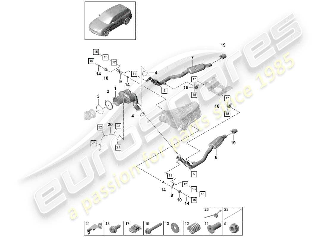 porsche 2020 (cayenne e3 9ya/9yb) exhaust system catalytic converter petrol particulate filter lambda probe part diagram