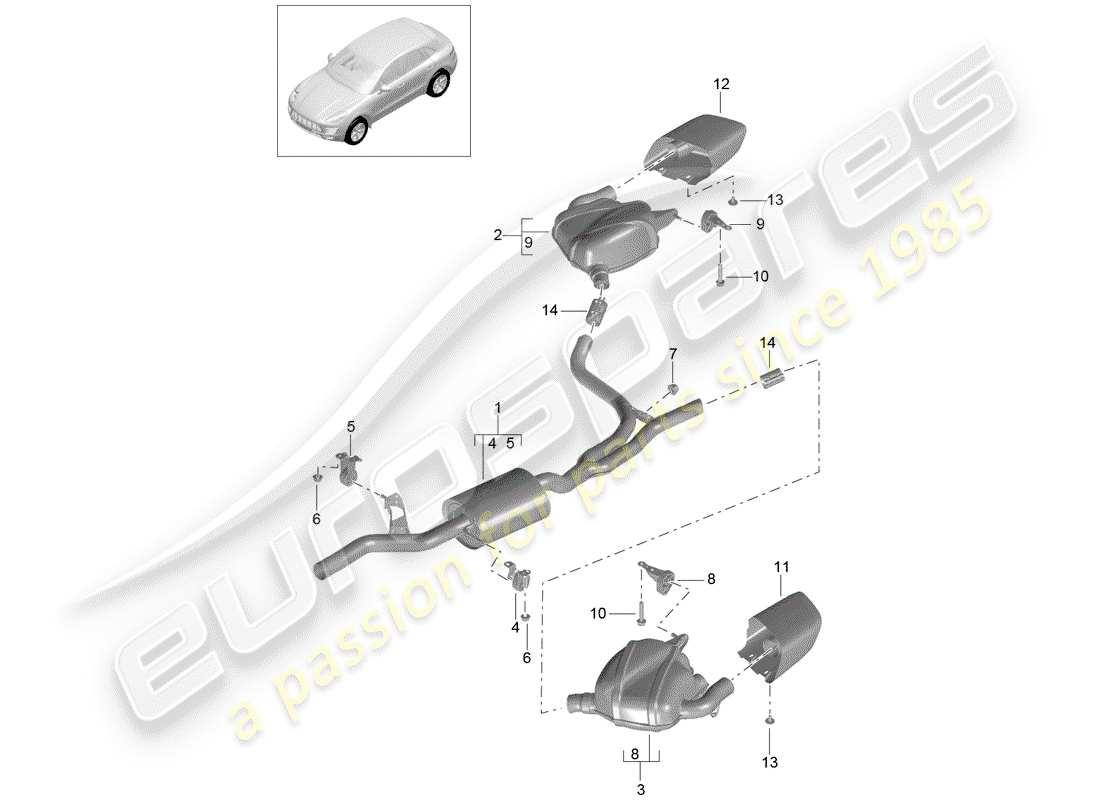 porsche 2014 (macan) exhaust system front silencer rear silencer parts diagram