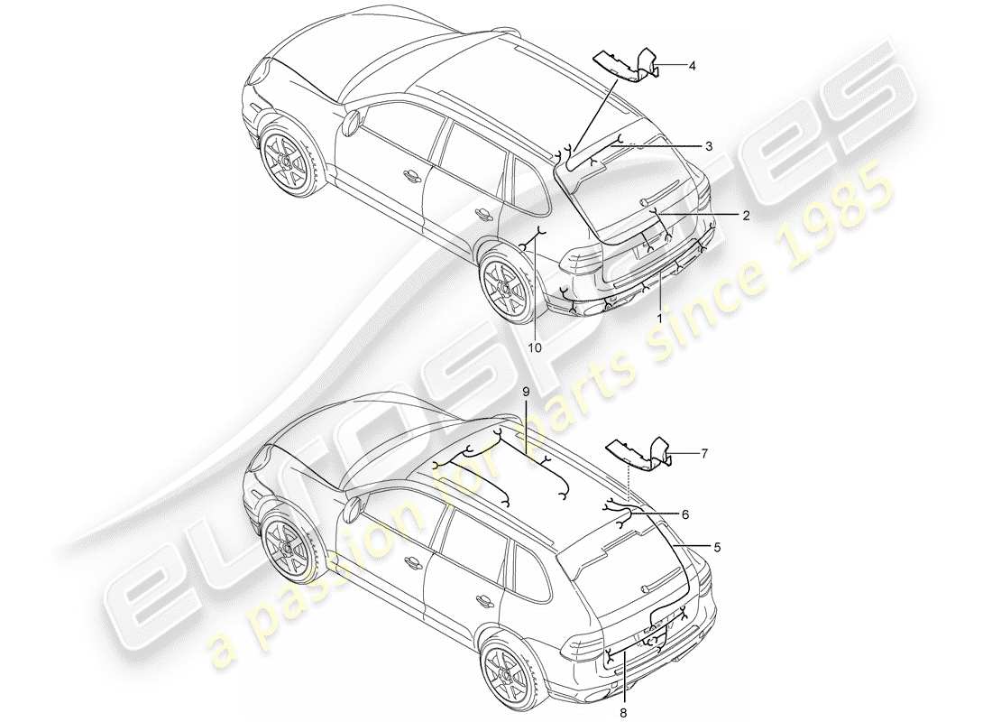 porsche 2007 (cayenne e1 9pa) wiring looms rear end roof trim anti-locking brake syst. -abs- brake pad wear display rear axle part diagram