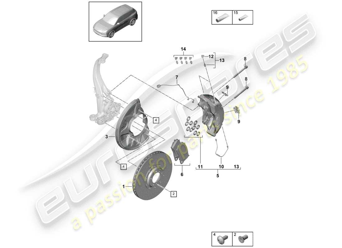 porsche 2020 (cayenne e3 9ya/9yb) disc brake 21 front axle part diagram