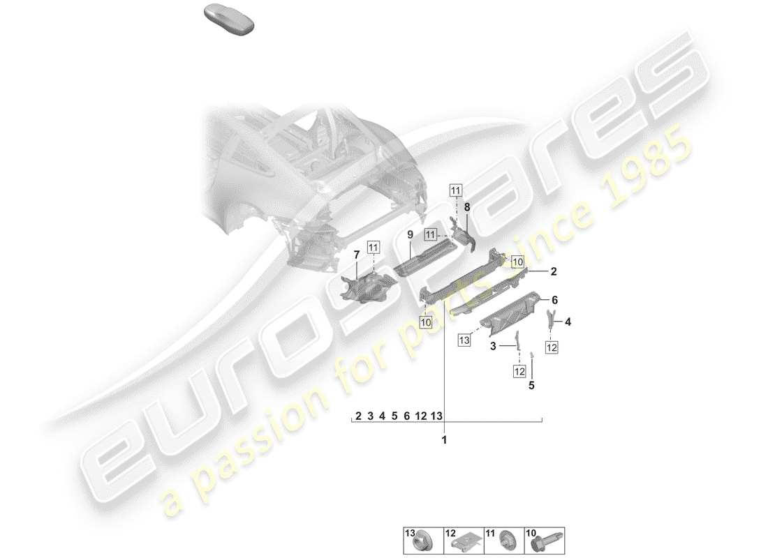 porsche 2019 (992-1) bumper carrier rear and heat shield part diagram
