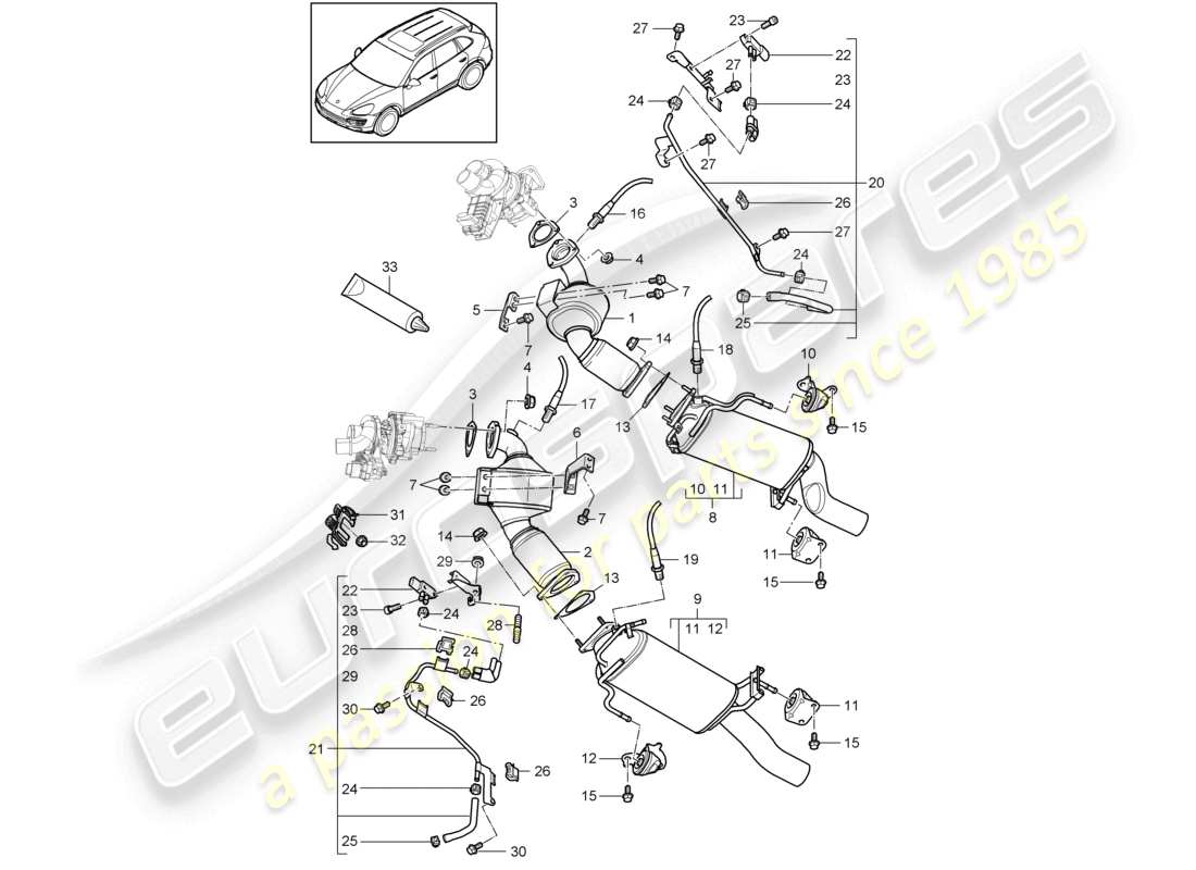 porsche 2011 (cayenne e2 92a) exhaust system exhaust pipe with: catalytic converter diesel particulate filter control line part diagram