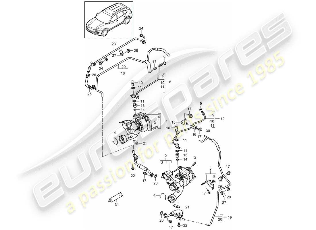 porsche 2013 (cayenne e2 92a) exhaust gas turbocharger oil pipe for exhaust gas turbocharger part diagram