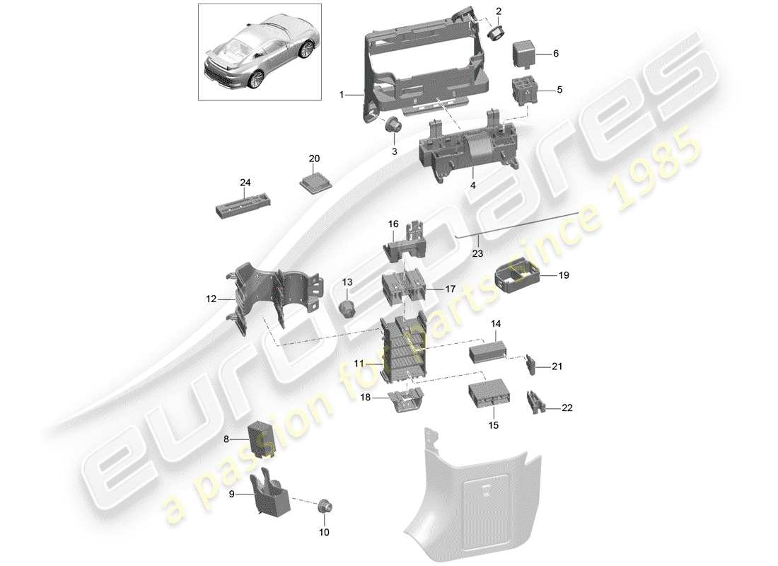 porsche 991r/gt3/rs (2014) fuse box/relay plate parts diagram
