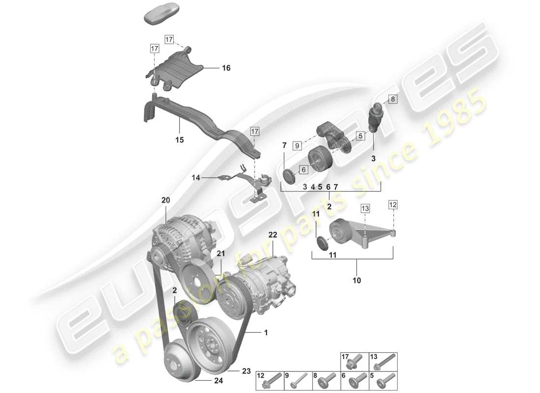 porsche 2020 (992-1) poly-v-belt belt tensioner damper parts diagram