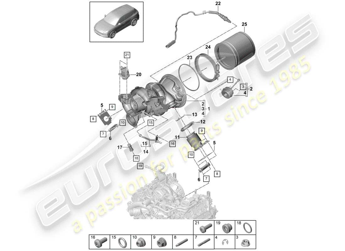 porsche 2020 (cayenne e3 9ya/9yb) exhaust gas turbocharger exhaust manifolds lambda probe part diagram