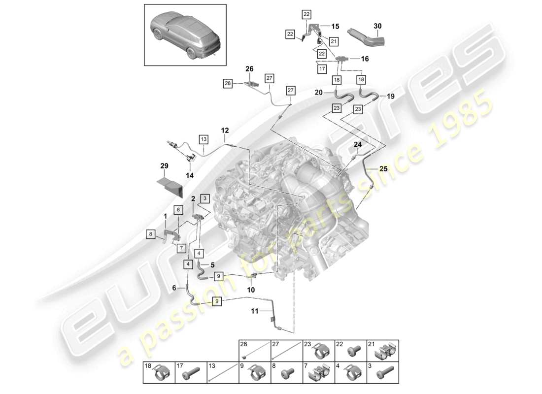 porsche 2020 (cayenne e3 9ya/9yb) control line with pressure difference sender exhaust gas temperature sender part diagram