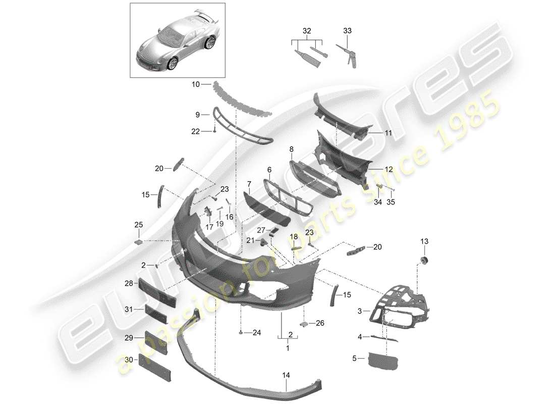 porsche 2014 (991-1 r/gt3/rs) bumper front spoiler part diagram