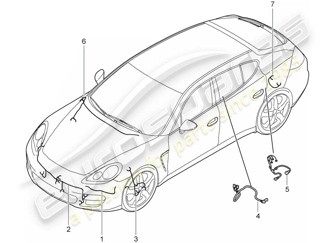 porsche 2011 (panamera 970) wiring looms bumper front end bonnet anti-locking brake syst. -abs- brake pad wear display front axle connection f lock control unit pdcc rear axle part diagram
