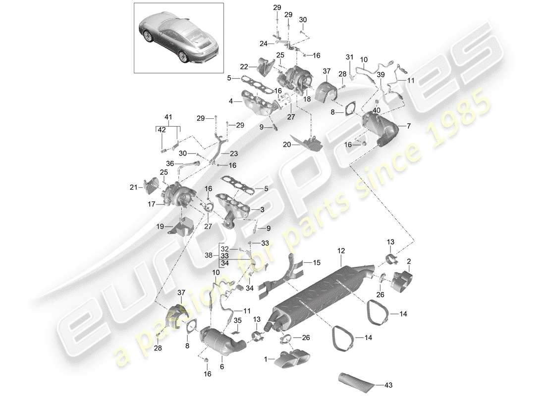 porsche 2016 (991-1 turbo) exhaust system exhaust gas treatment system exhaust gas turbocharger part diagram