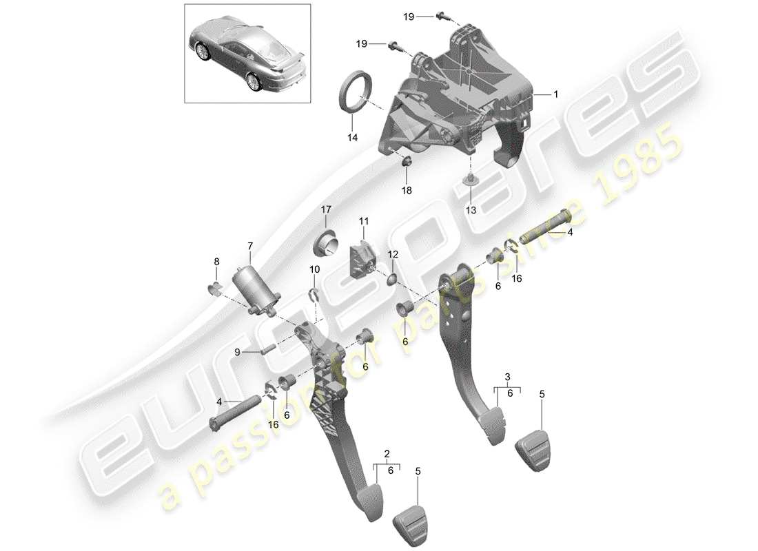porsche 2015 (991-1 r/gt3/rs) brake and accel. lever mech. part diagram