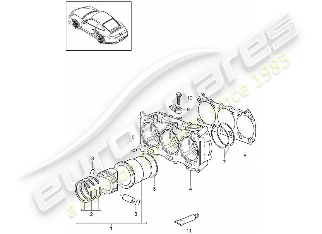 porsche 2012 (997-2 turbo / gt2 rs) cylinder with pistons parts diagram