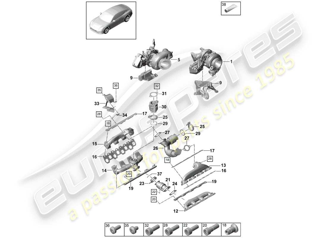 porsche 2017 (panamera 971-1) exhaust gas turbocharger exhaust manifolds part diagram