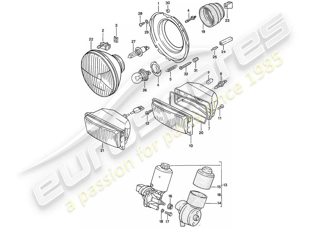 porsche 1983 (944) headlamp - electric motor - pop-up headlight parts diagram