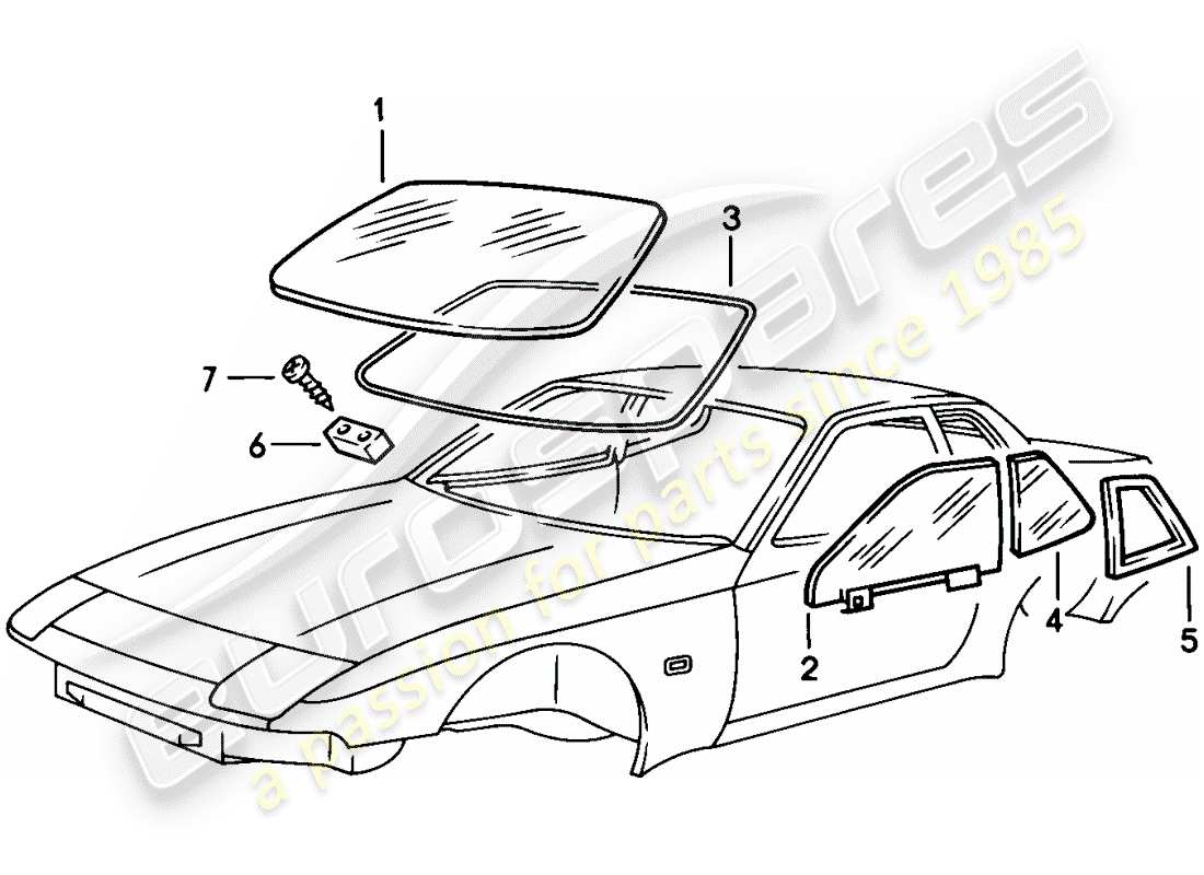 porsche 1983 (944) window glazing parts diagram