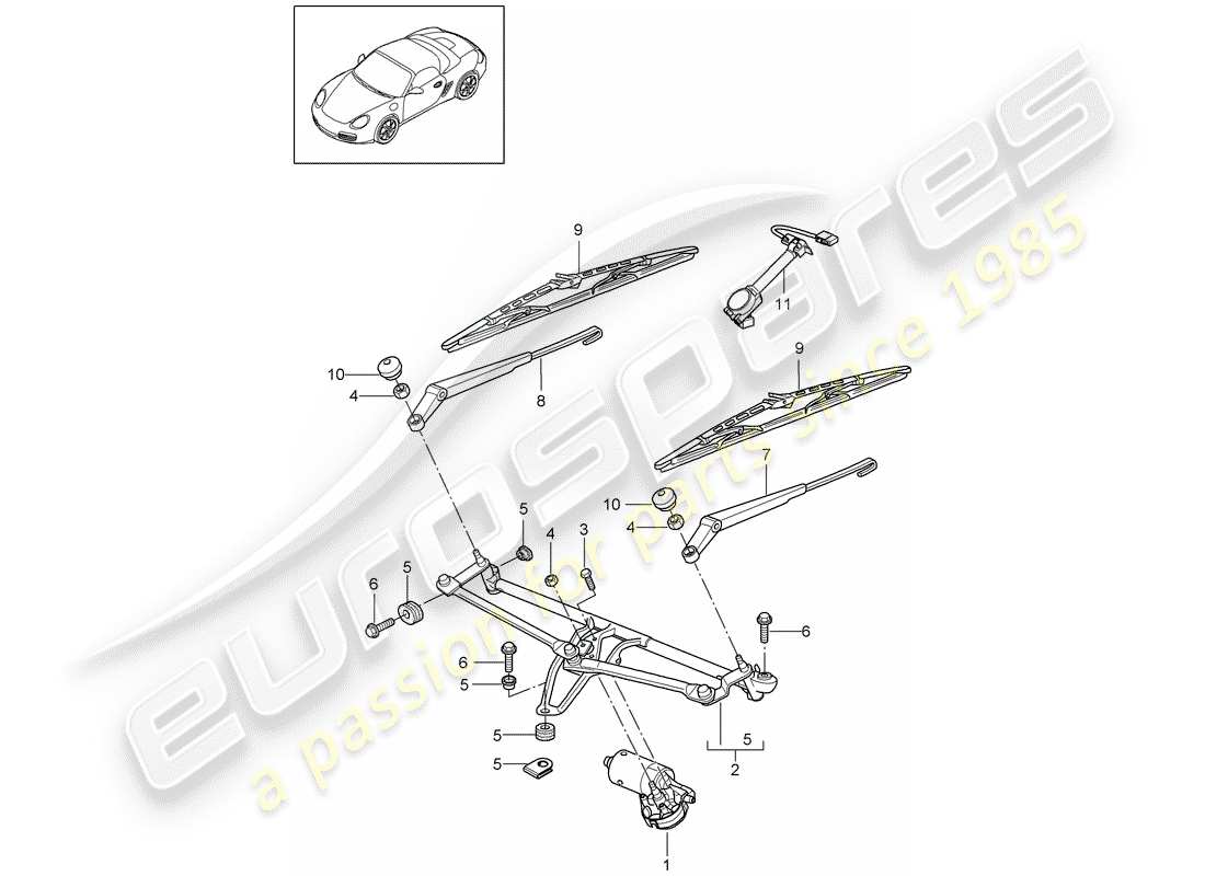 porsche 2010 (987 boxster) windscreen wiper system, compl rain sensor parts diagram