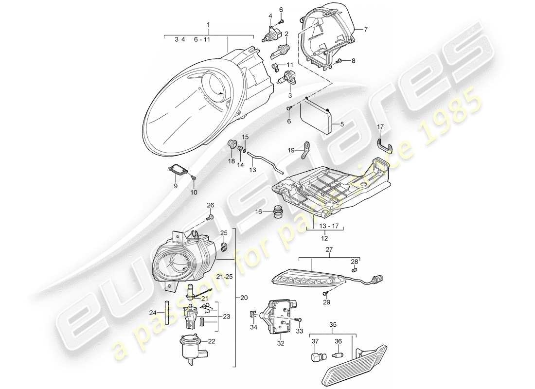 porsche 2009 997-2 turbo / gt2 headlamp parts diagram