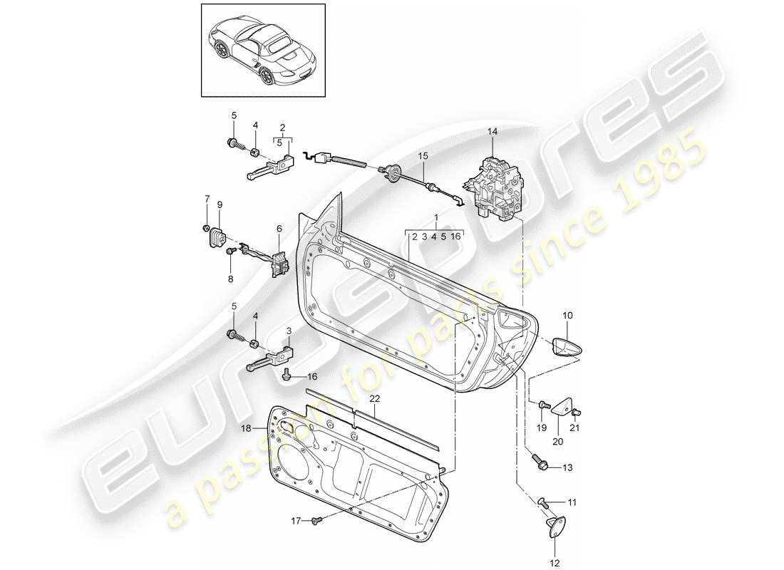 porsche 2009 (987 boxster) door shell with installation parts door lock parts diagram