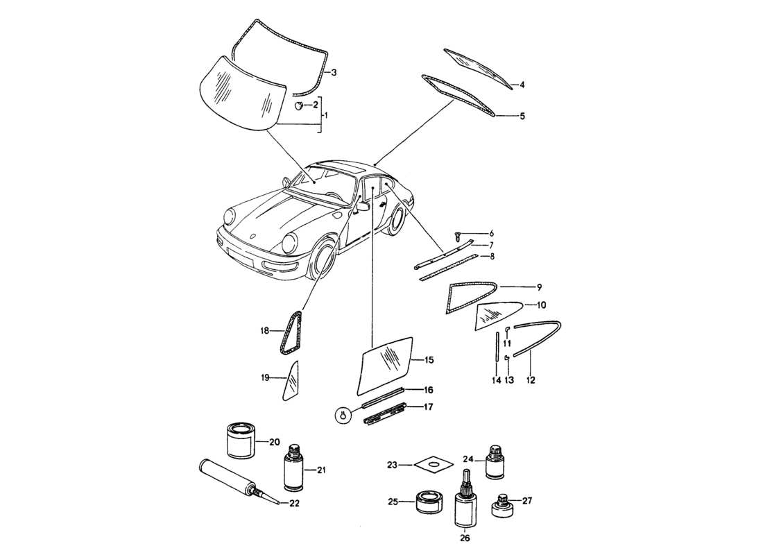 porsche 1994 (964) window glazing parts diagram