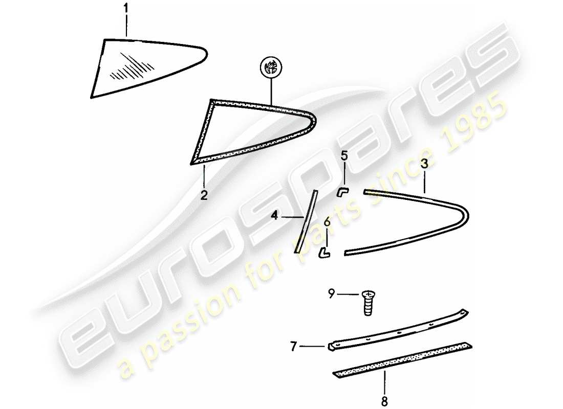porsche 1985 (911) window glazing - side window part diagram