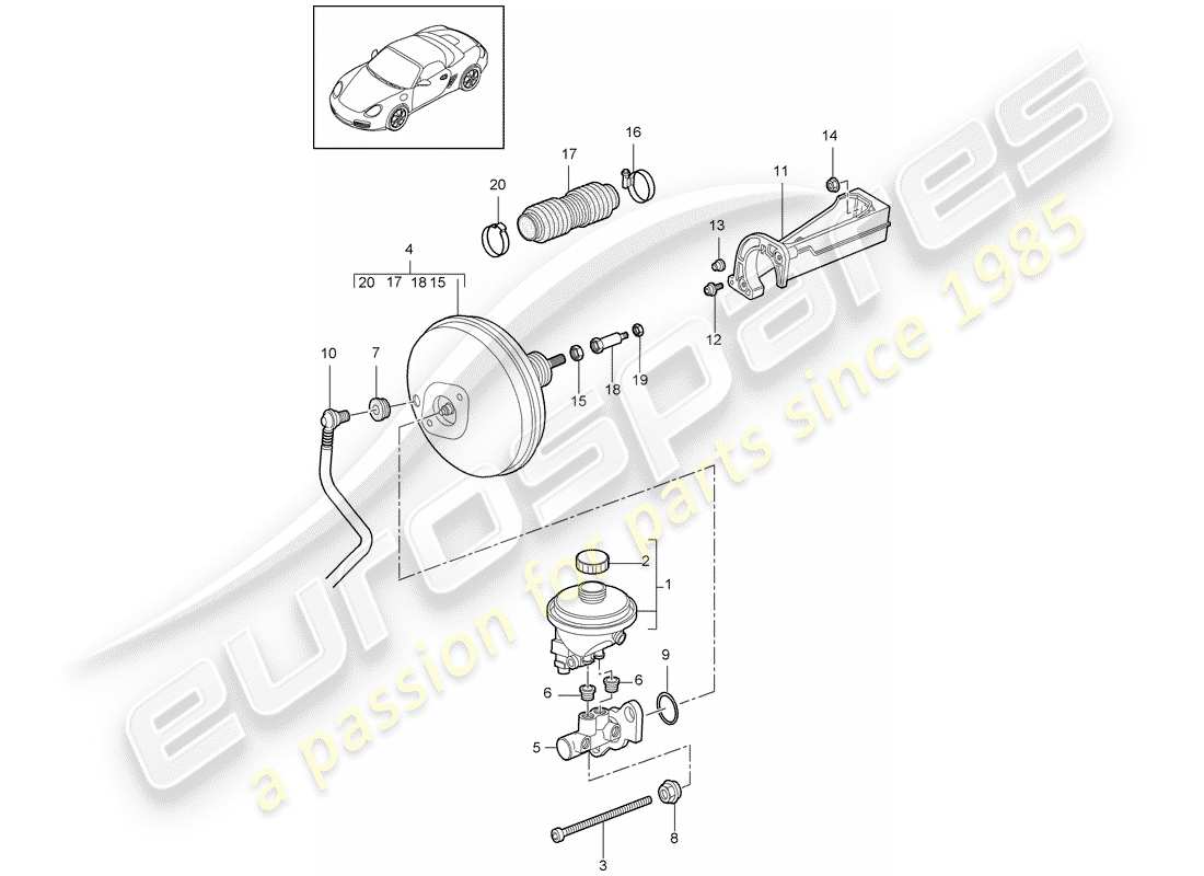 porsche 2009 (987 boxster) brake master cylinder brake servo parts diagram