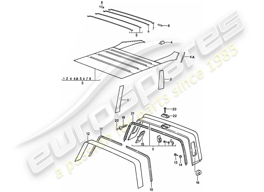porsche 1985 (911) interior equipment - roof - roll bar part diagram