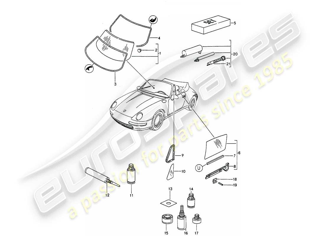 porsche 1994 (993) window glazing parts diagram