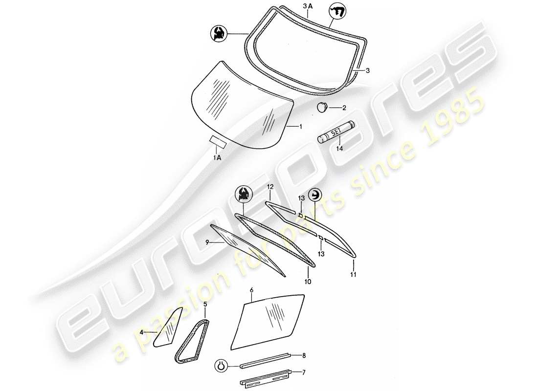 porsche 1987 (959) window glazing parts diagram