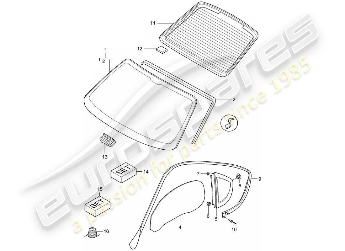 porsche 2006 (987 cayman) windscreen side window rear window part diagram