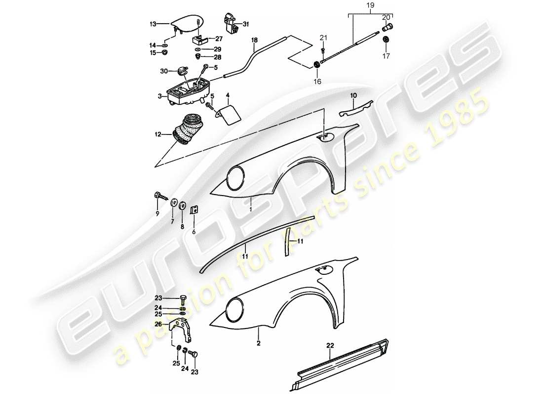 porsche 1989 (911) fender - with: - plastic cup for tank - to fit use workshop material part diagram