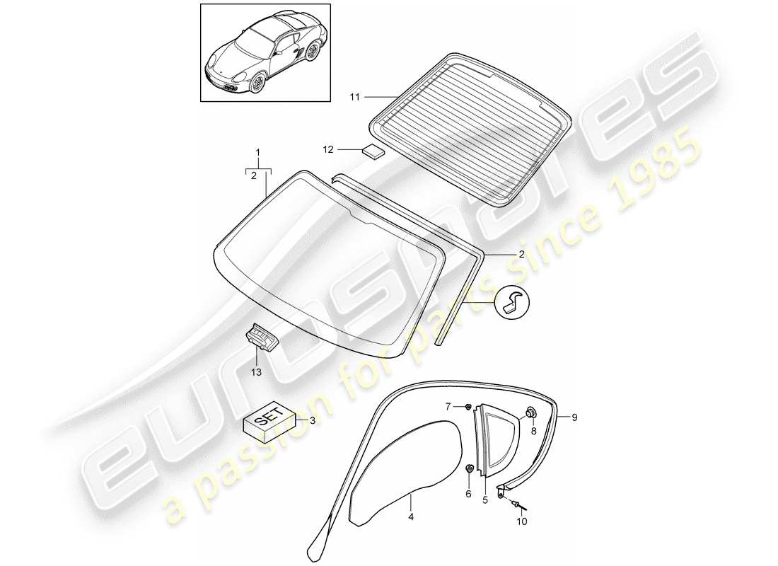 porsche 2011 (987 cayman) windscreen side window rear window part diagram