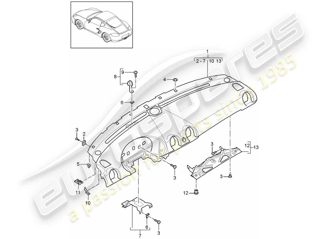 porsche 2007 (987 cayman) instrument panel trim upper part with: fasteners part diagram