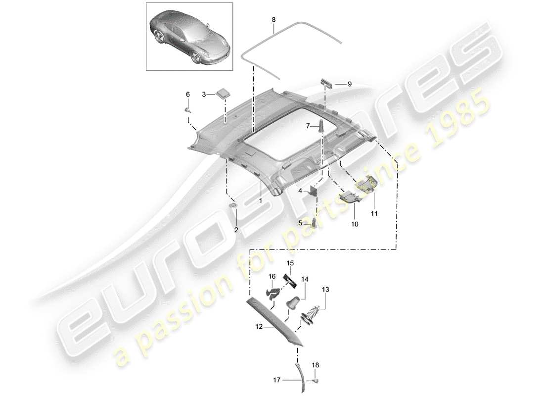 porsche 2014 (991-1) roof trim a-pillar parts diagram