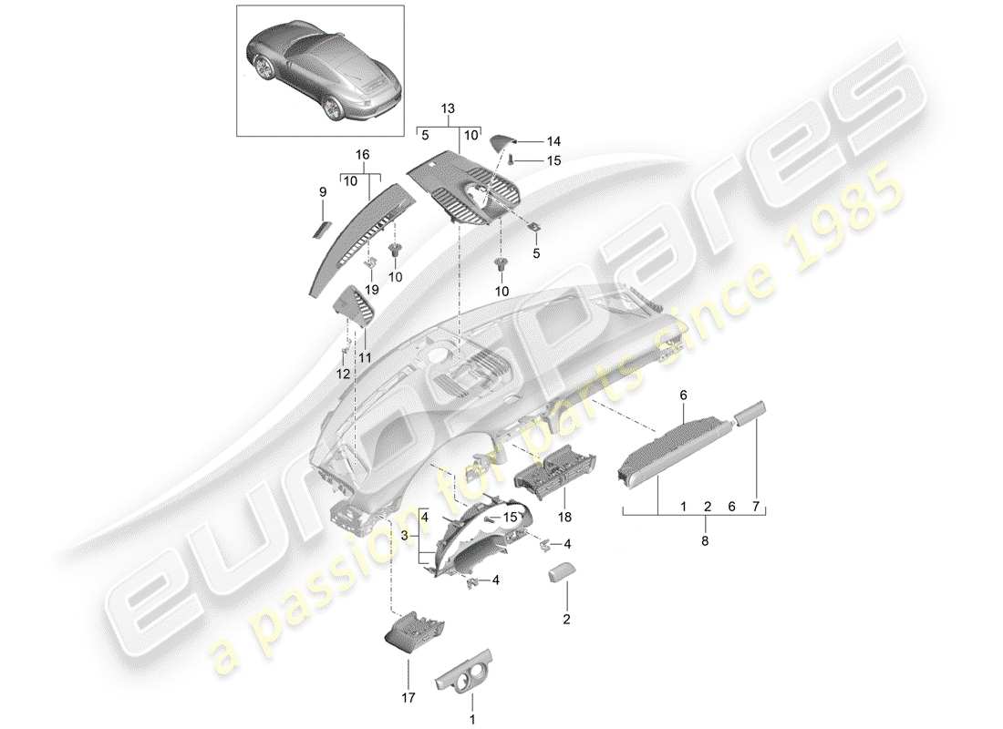 porsche 2016 (991-1) accessories instrument panel trim upper part parts diagram