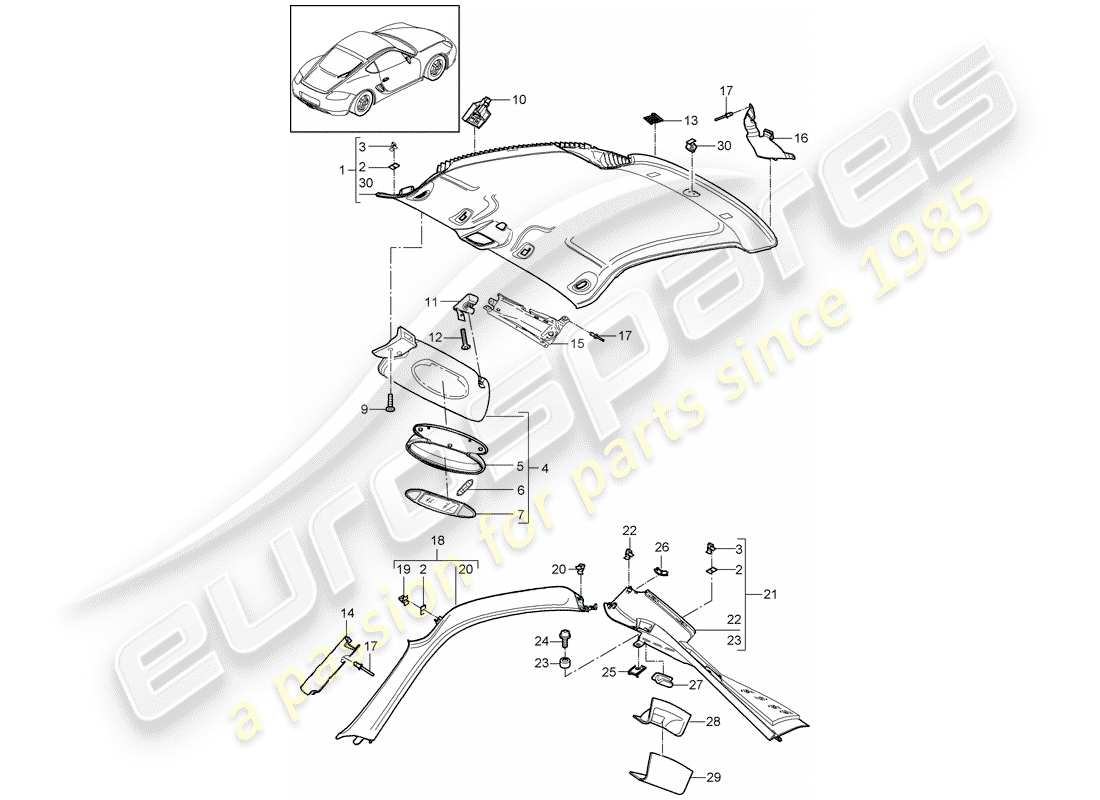 porsche 2007 (987 cayman) roof trim sun vizors a-pillar c-pillar part diagram