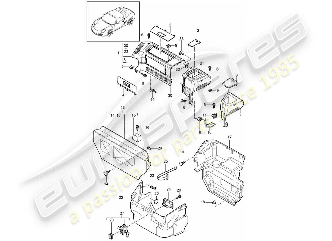 porsche 2012 (987 boxster) luggage boot trims front parts diagram