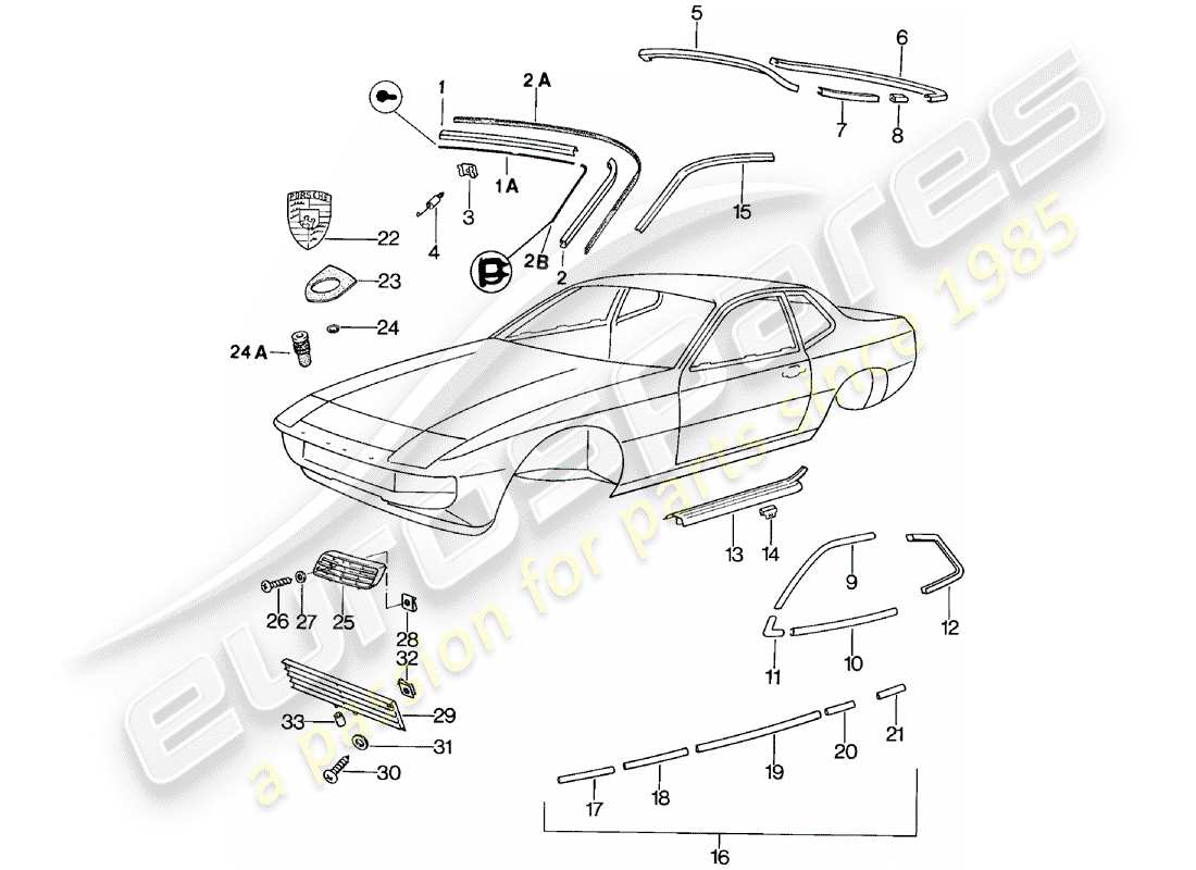 porsche 1980 (924) decorative fittings parts diagram