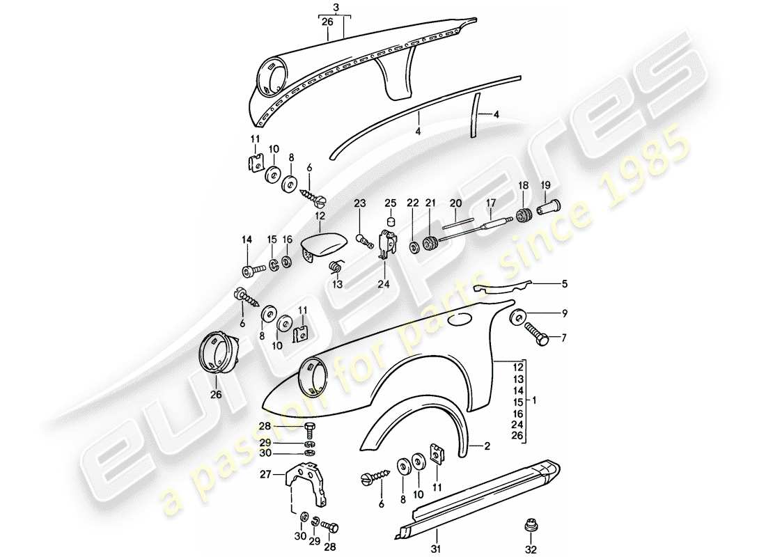 porsche 911 (1988) fender - with: - sheet metal cup for tank parts diagram