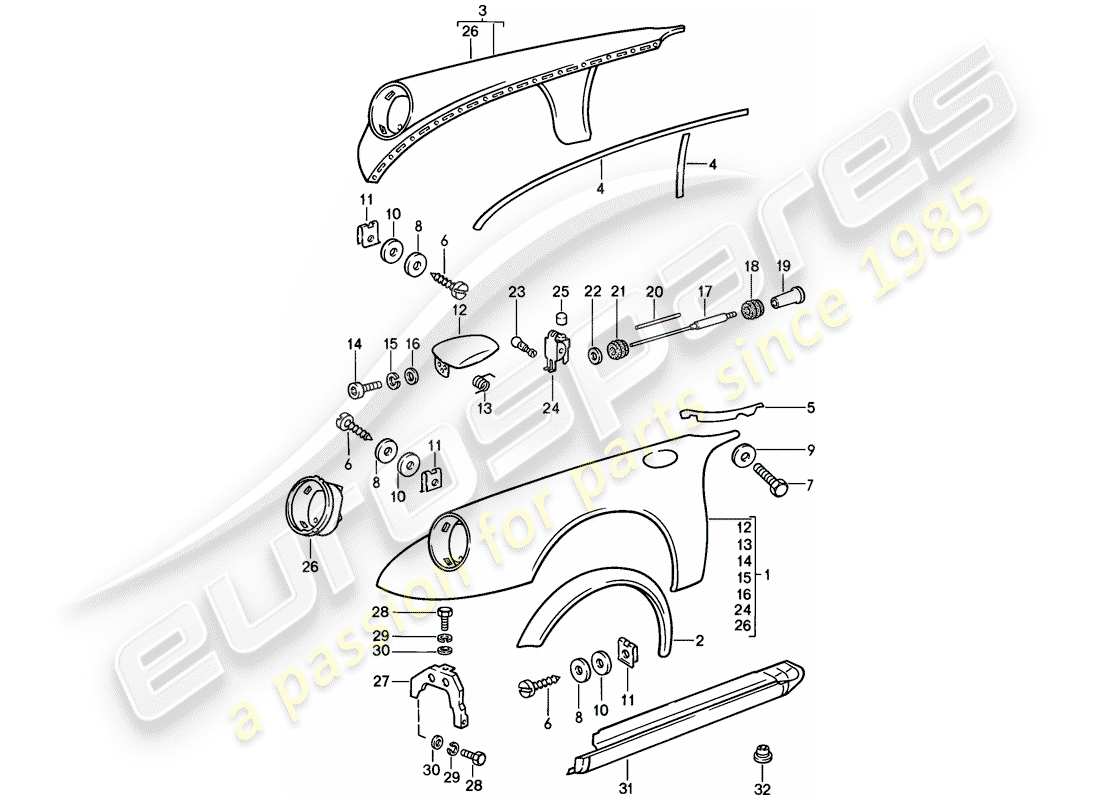 porsche 1989 (911) fender - with: - sheet metal cup for tank part diagram