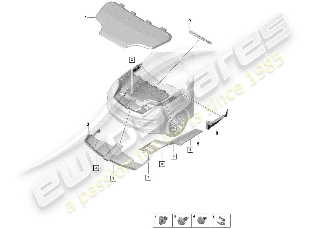 porsche 2019 (cayenne e3 9ya/9yb) sound absorber engine bay front end cover panel parts diagram