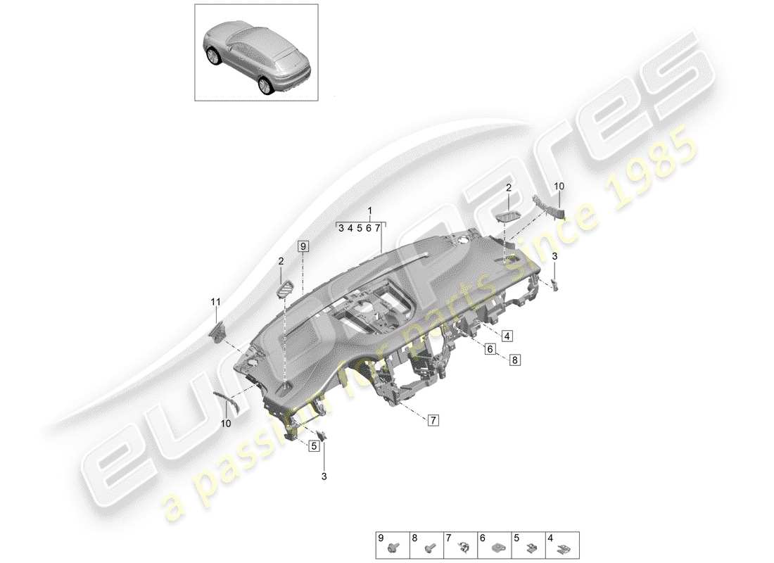 porsche 2020 (macan) instrument panel trim upper part parts diagram