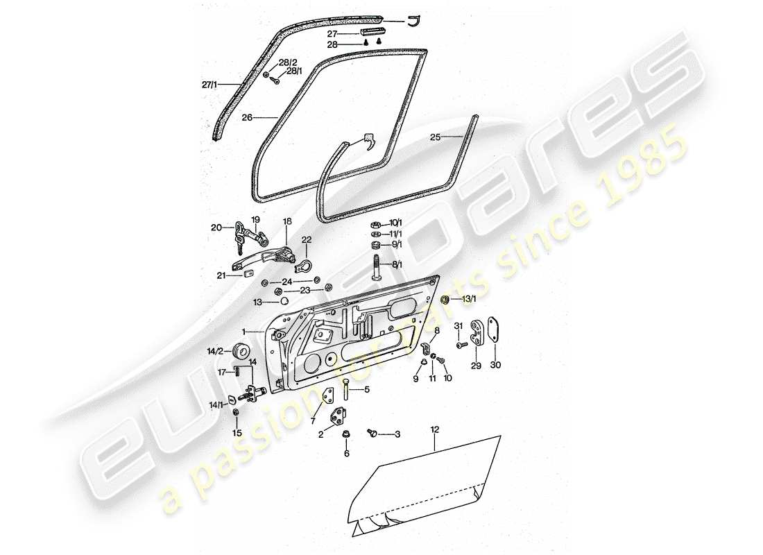 porsche 1975 (911 turbo) door - with installation parts part diagram
