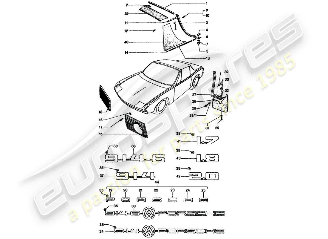 porsche 1974 (914) decorative fittings part diagram