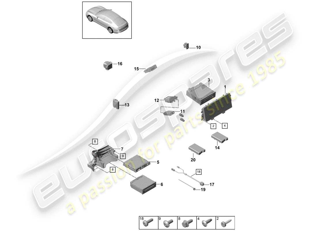 porsche 2018 (panamera 971-1) central computer display microphone multimedia interface chip card reader for road toll system camera amplifiers mobile d - 28.05.2018>>- 16.06.2019 part diagram