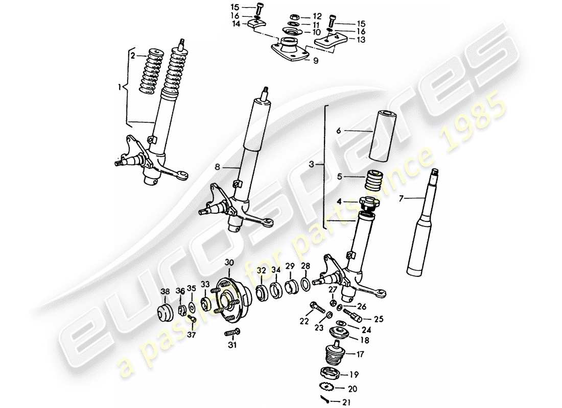 porsche 1970 (911) spring strut - shock absorber strut - lubricants parts diagram
